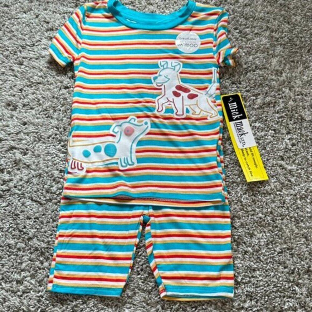 Mick Mack LTD Bamboo‎ Shortsleeve Set Size 4T NWT Red Blue Striped Puppies Soft